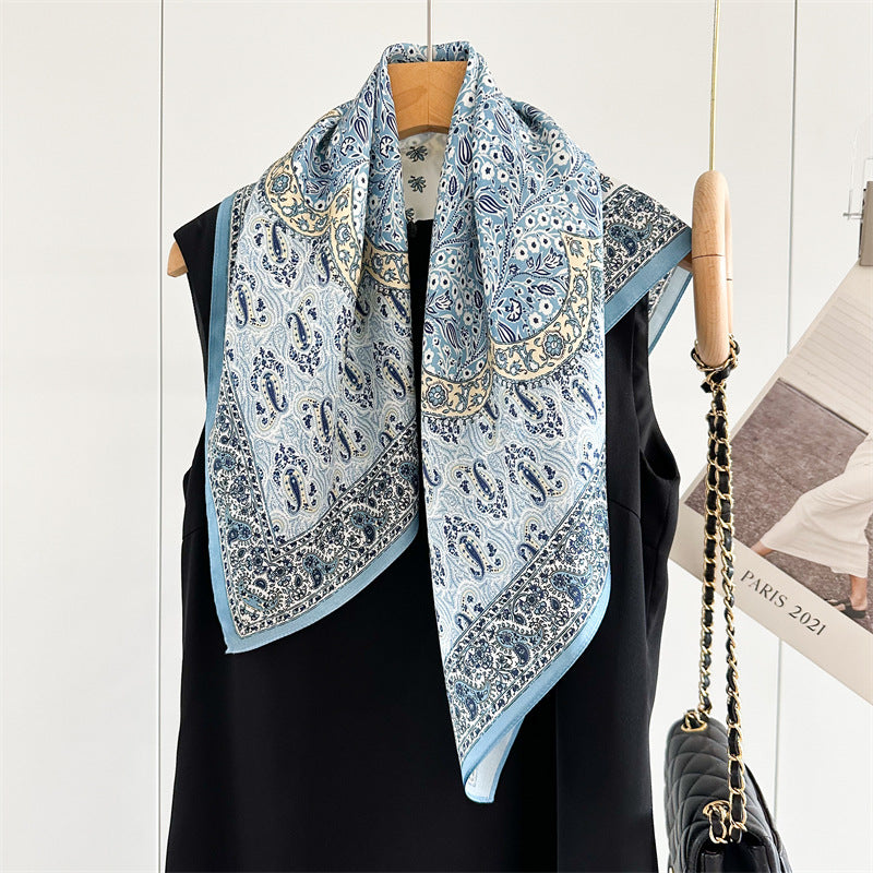 New Arrival: Light Blue 100% Mulberry Silk Square Scarf with Happiness Tree Pattern - 65CM Elegant Shawl, Perfect Gift for Her
