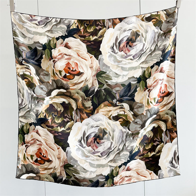 100% Mulberry Silk Twill Scarf – Vintage Rose Garden | Hand-Rolled Edges, 90cm