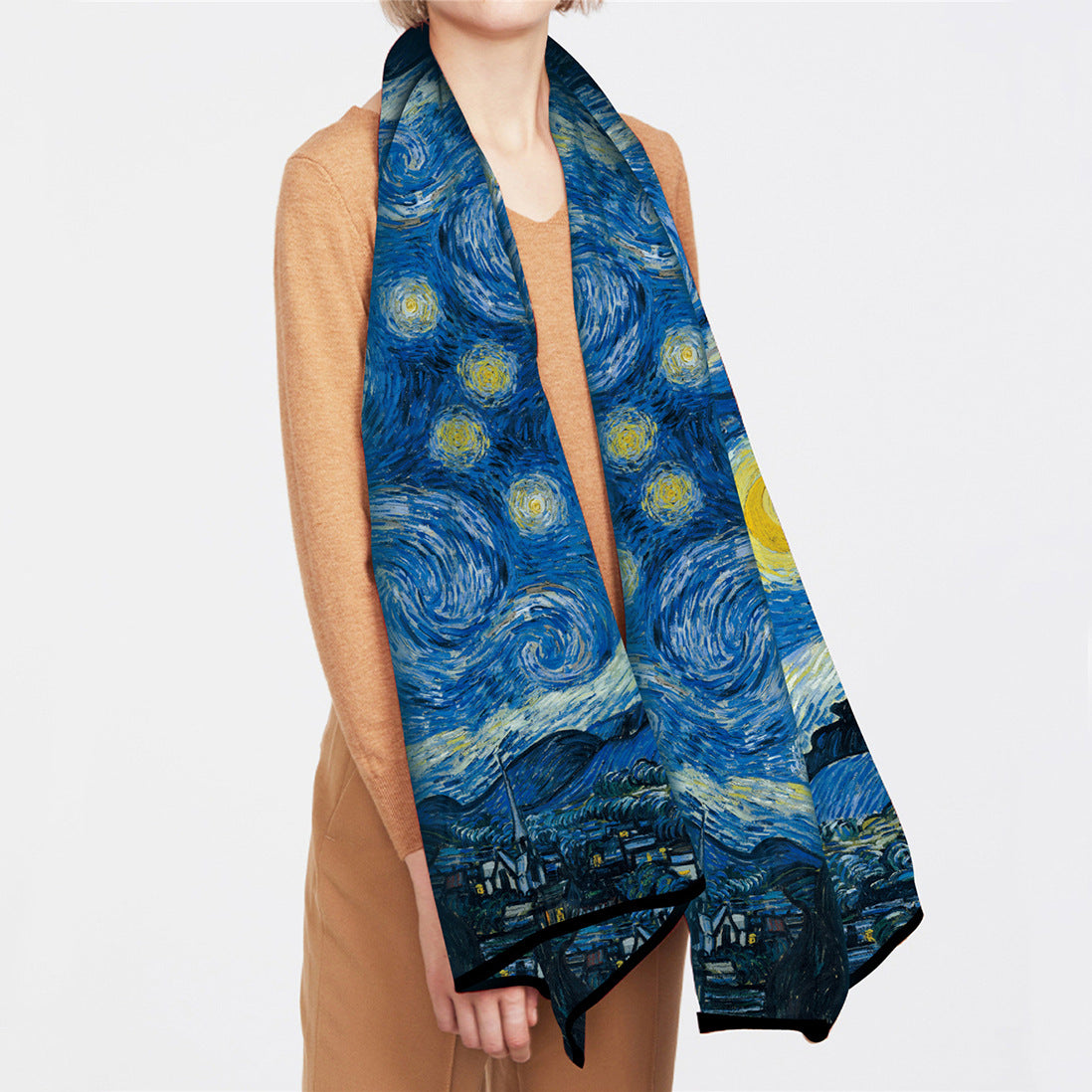 Van Gogh Inspired Long Scarf - 180cm x 70cm, Double-Layer Twill Polyester, Versatile Gift for All Seasons
