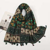 Vintage colorblocked chambray cotton and linen feel scarf celebrity style hibiscus flower fringed scarf warm shawl