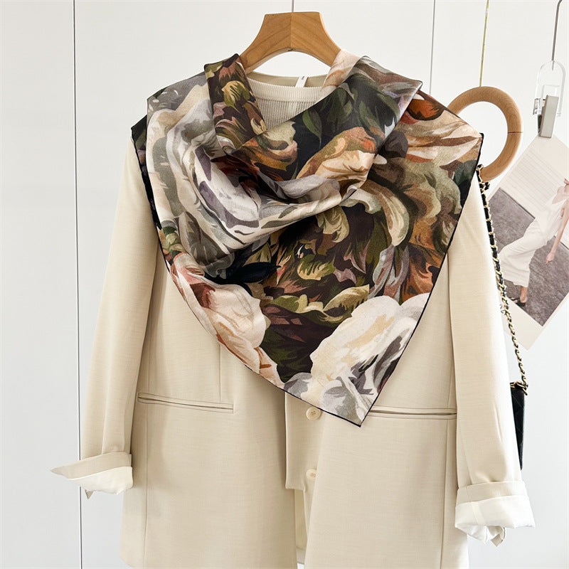 100% Mulberry Silk Twill Scarf – Vintage Rose Garden | Hand-Rolled Edges, 90cm