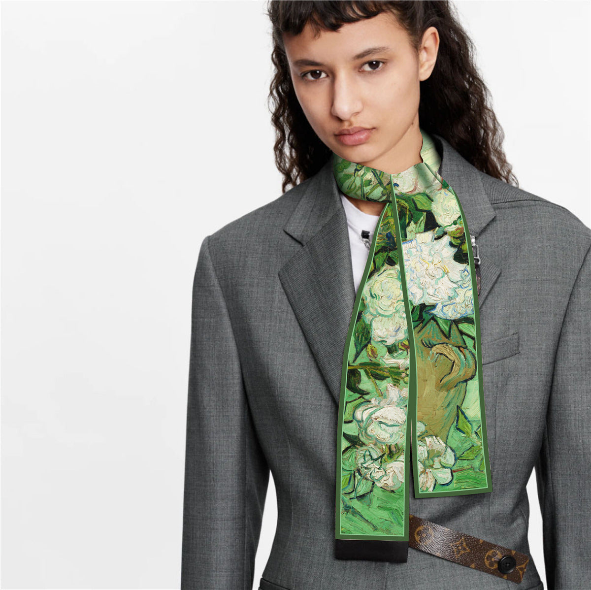 Van Gogh-Inspired Narrow Scarf - Wheat Fields & White Roses