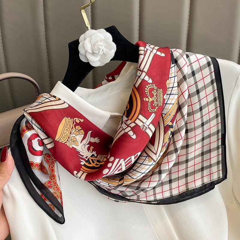 Roter quadratischer Schal mit Vintage-Karomuster, 70 cm, strukturierter Seidenschal, Sonnenschutz-Seidenschal, Halstuch, Satinschal, Geschenk