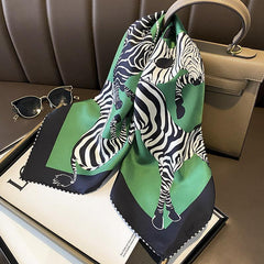 Green/White Zebra Pattern Luxurious 65cm Mulberry Silk Square Scarf/Hand-Rolled Hem/Small Neck Scarf/Gift For Her
