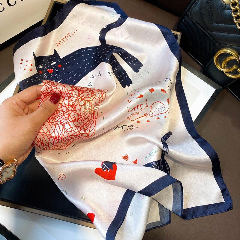 ピンク猫柄 桑100% シルクスカーフ/シルクヘッドスカーフ/シルクヘアスカーフ/シルクネックスカーフ/母の日ギフト/バッグアクセサリー/彼女へのギフト