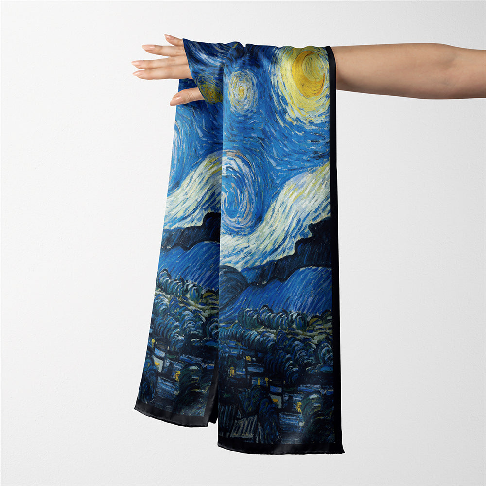 Van Gogh Inspired Long Scarf - 180cm x 70cm, Double-Layer Twill Polyester, Versatile Gift for All Seasons