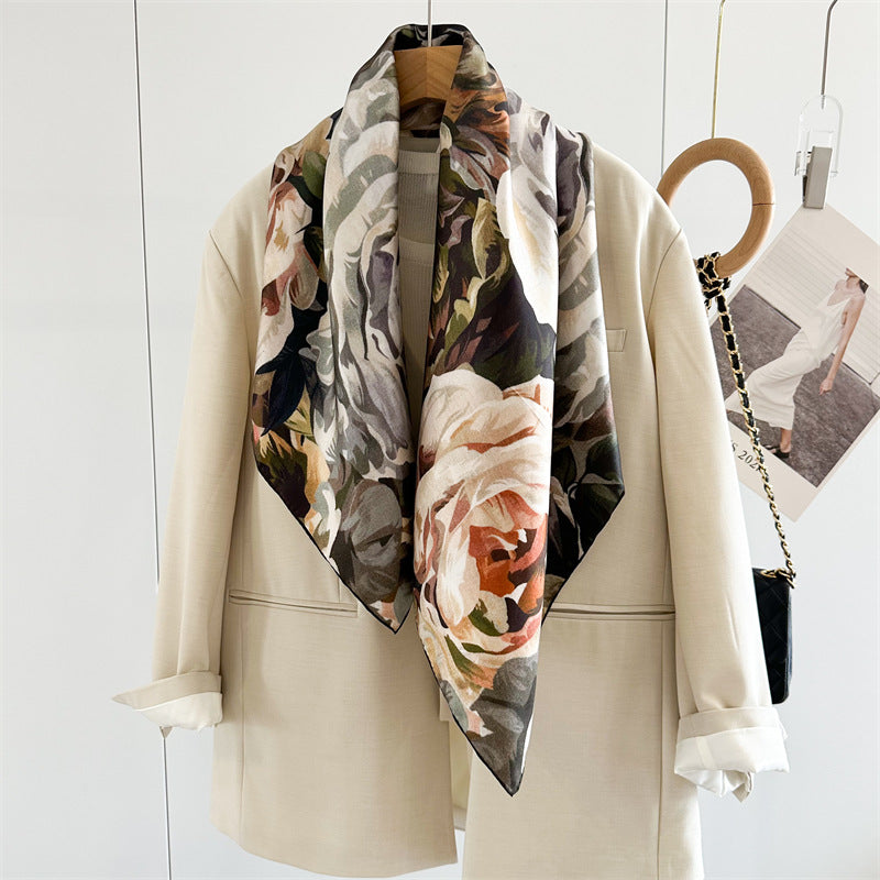 100% Mulberry Silk Twill Scarf – Vintage Rose Garden | Hand-Rolled Edges, 90cm