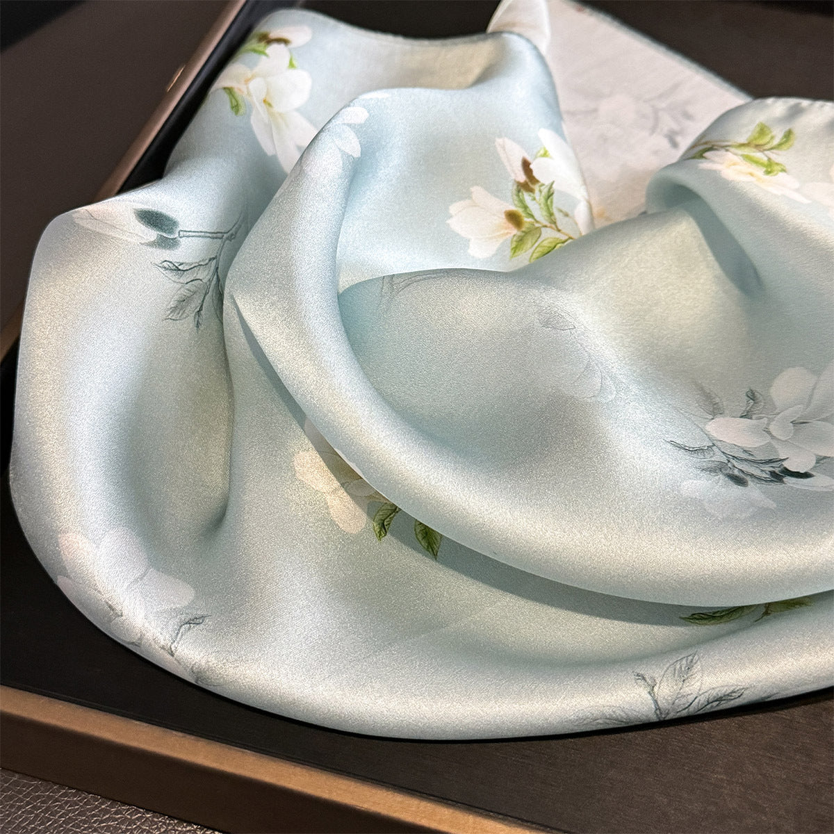 Light Blue Floral 100% Mulberry Silk Scarf - Hair Scarf, Neck Scarf, Bandana, Bag Accessory, Gift for Her - Oriental Aesthetic for Spring