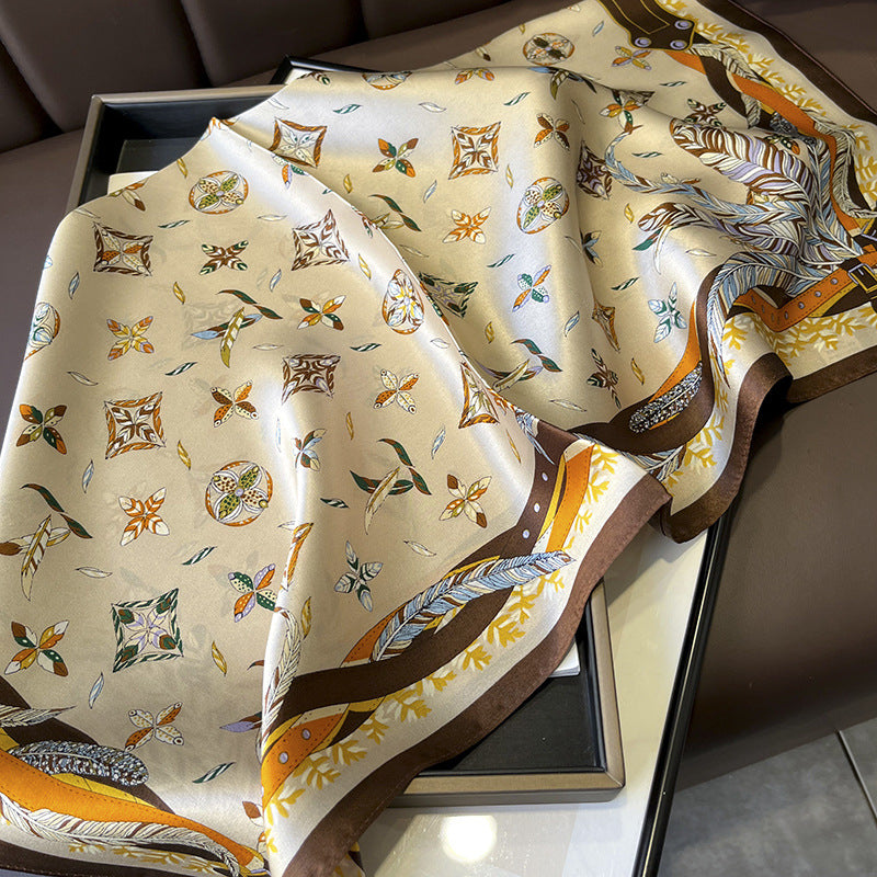 Champagne Feather Pattern silk scarf/65CM 100% mulberry silk scarf/Silk shawl/Gift for her