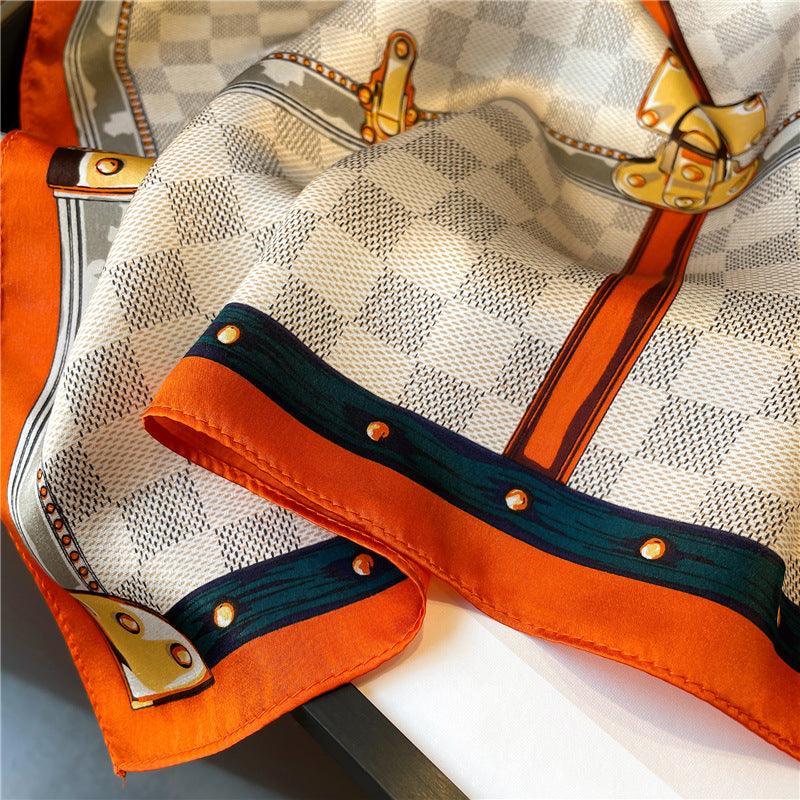 Orange Plaid Print 100% mulberry Silk Scarf/Silk head scarf/Silk hair scarf/Silk neck scarf/Mother&