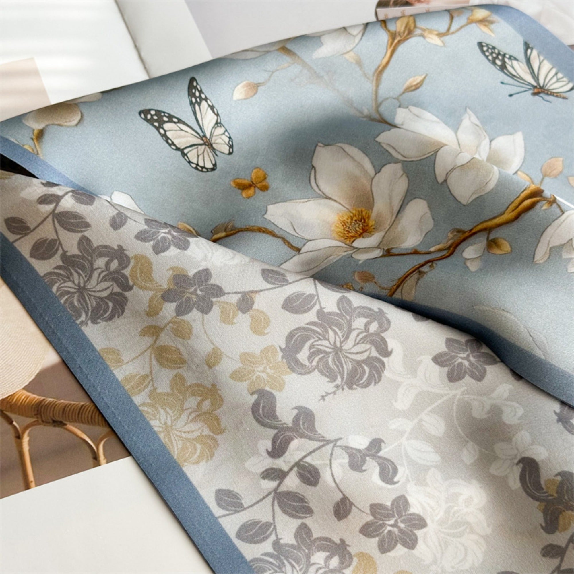 Magnolia & Butterfly Mulberry Silk Scarf | Graceful Nature-Inspired Long Ribbon