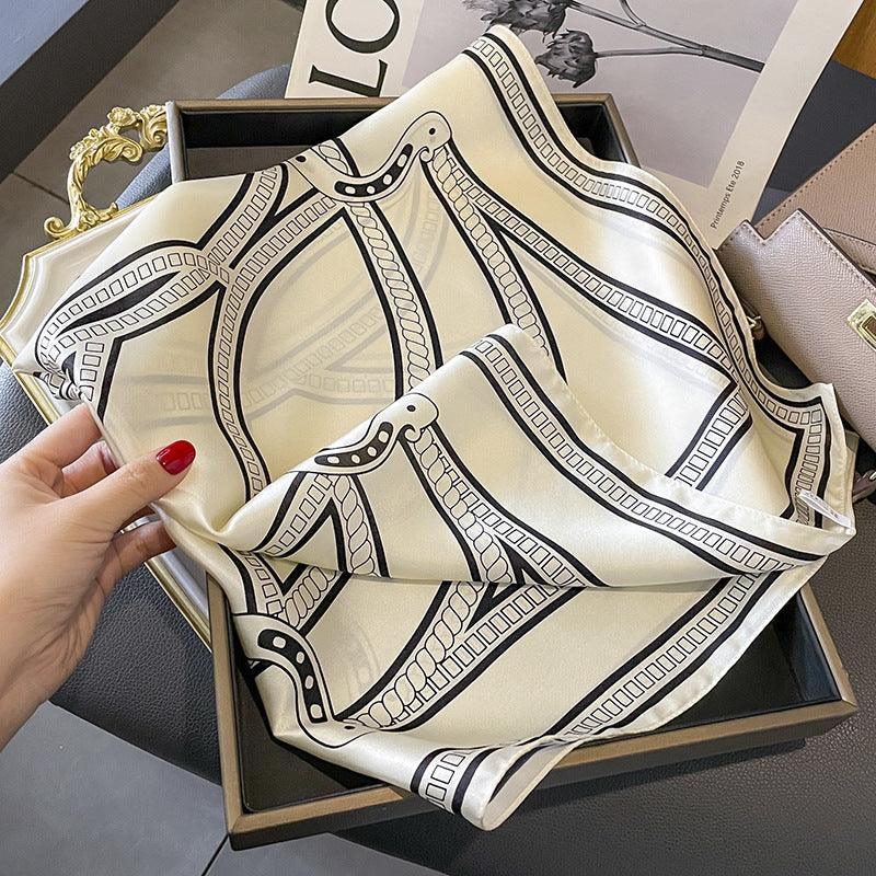 Minimalist Black and White Saddle Chain mulberry silk scarf/65CM 100% mulberry silk scarf/Silk shawl/Gift for her