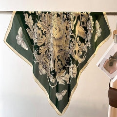 グリーン Boho Flora 大判シルクスカーフ/シルクツイルサテン/90×90cm/シルクショール/シルクバンダナ/大判サテンスカーフ/彼女へのギフト/母の日ギフト