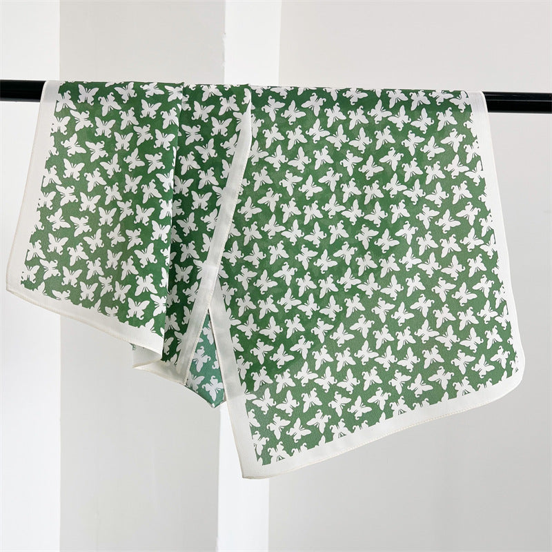 Grass Green Butterfly Print Silk Scarf, Luxurious 100% Double Crepe Silk Scarf - Perfect Gift for Her