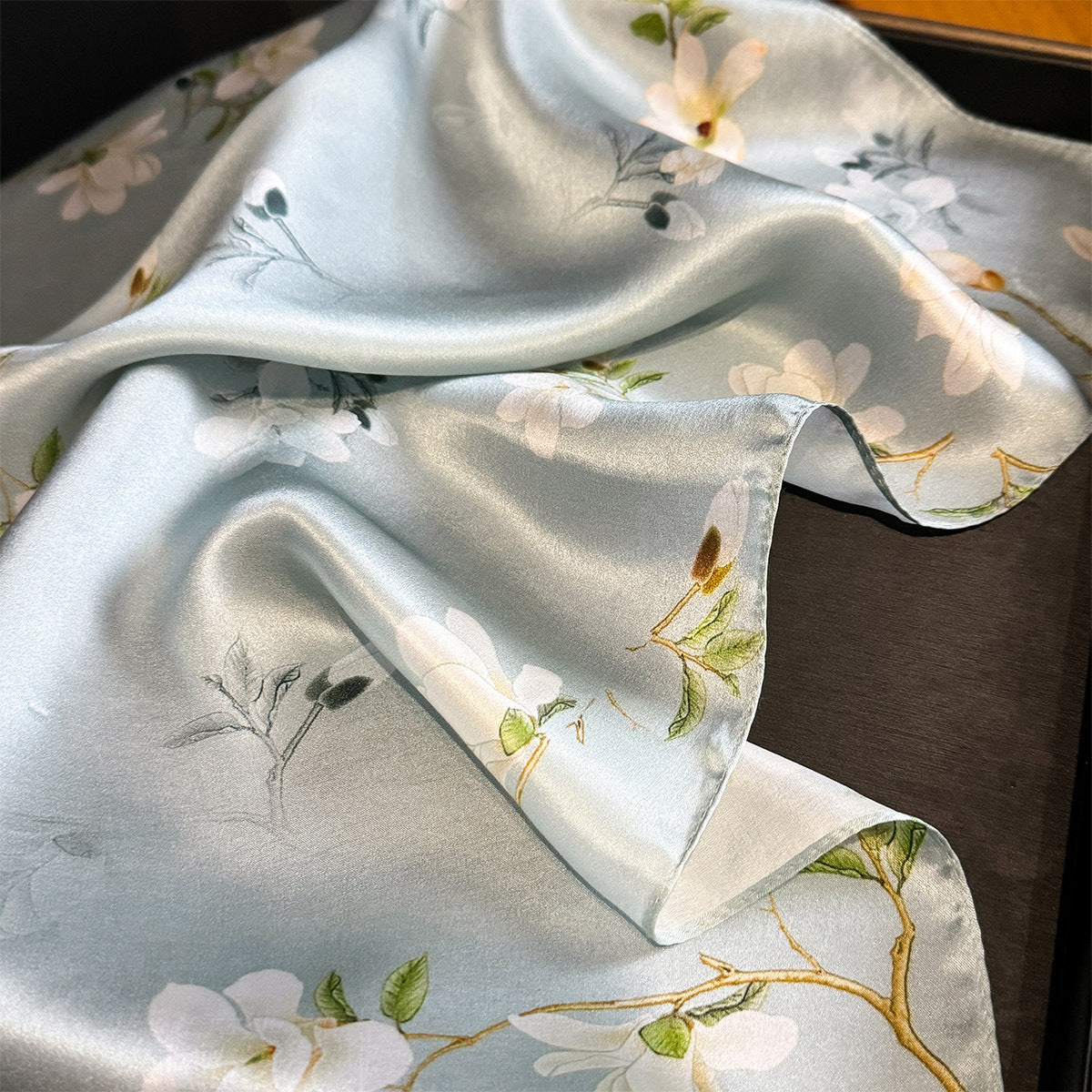 Light Blue Floral 100% Mulberry Silk Scarf - Hair Scarf, Neck Scarf, Bandana, Bag Accessory, Gift for Her - Oriental Aesthetic for Spring
