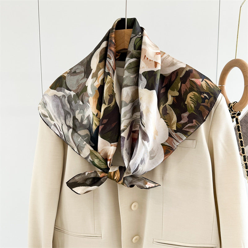 100% Mulberry Silk Twill Scarf – Vintage Rose Garden | Hand-Rolled Edges, 90cm