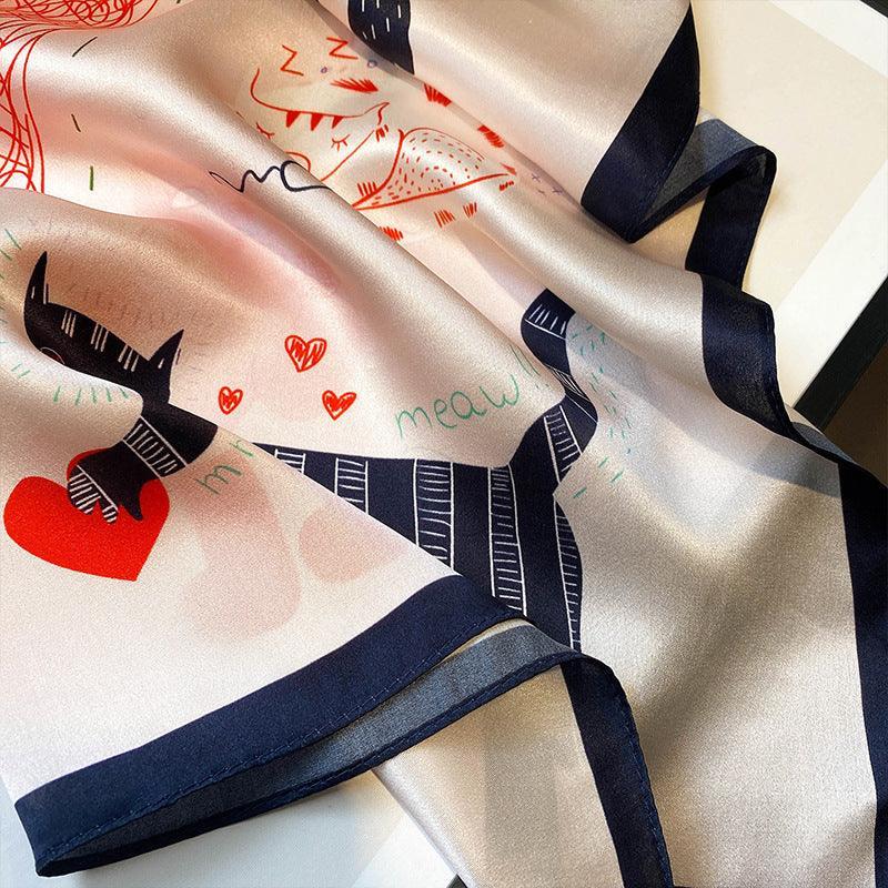 ピンク猫柄 桑100% シルクスカーフ/シルクヘッドスカーフ/シルクヘアスカーフ/シルクネックスカーフ/母の日ギフト/バッグアクセサリー/彼女へのギフト