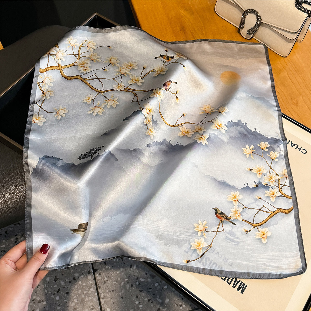 Chinese Landscape Theme 100% Mulberry Silk Scarf - Elegant Hair Scarf, Neck Scarf, Bandana, Bag Accessory, Gift for Her
