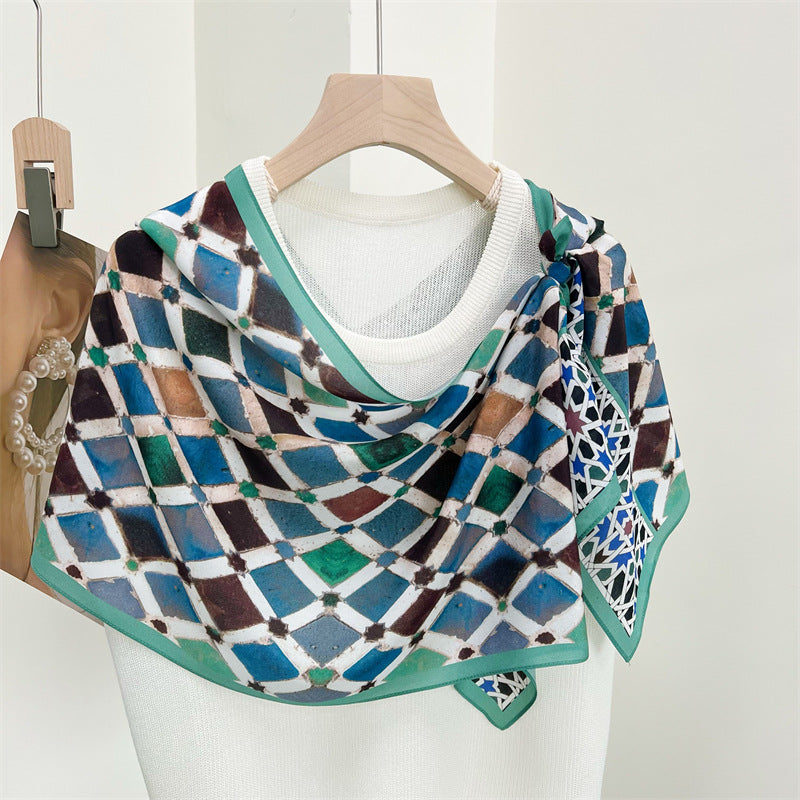 Multi-color diamond plaid Silk Scarf, Elegant 100% Double Crepe Silk Scarf - Perfect Gift for Her