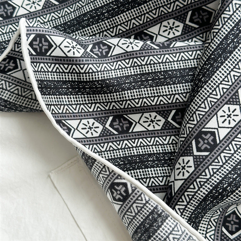 Monochrome Geometry – 100% Silk Crepe de Chine Scarf 90cm