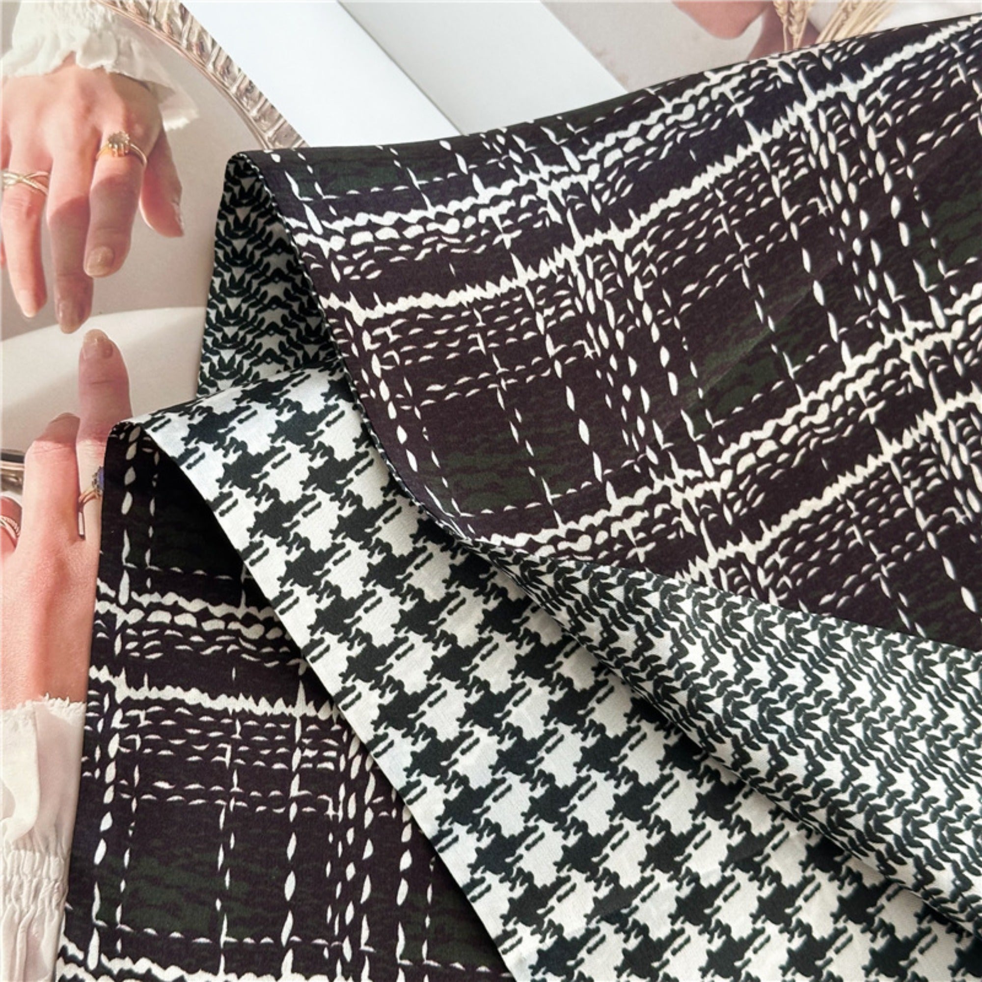 Checkered Camellia Mulberry Silk Scarf | Elegant Floral Grid Long Ribbon