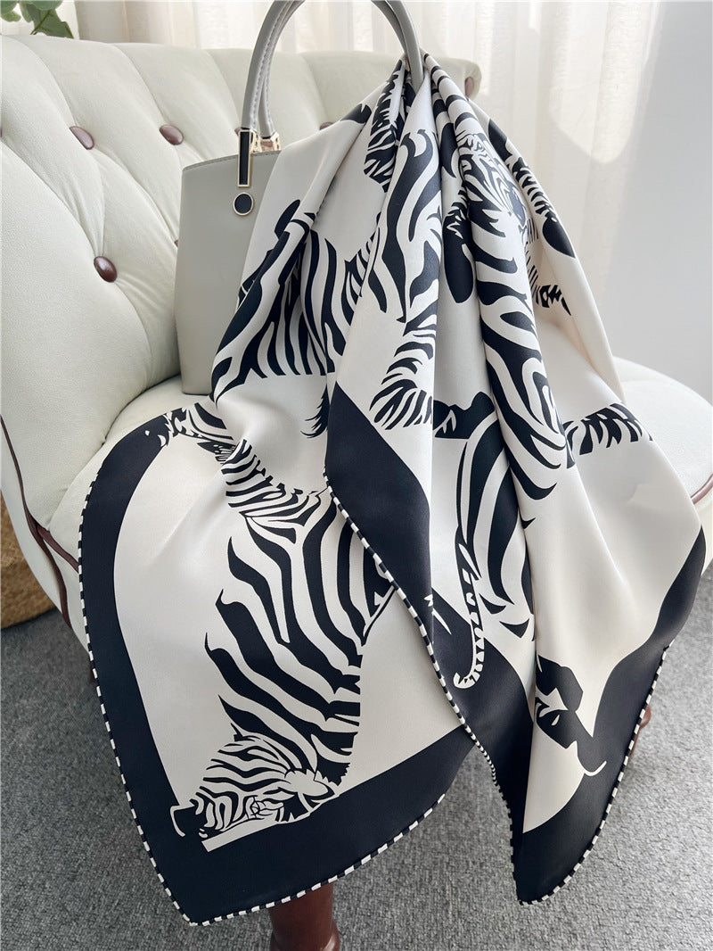 100% Pure Mulberry Silk Twill Scarf – Zebra Print, 90cm, Hand-Rolled Edges