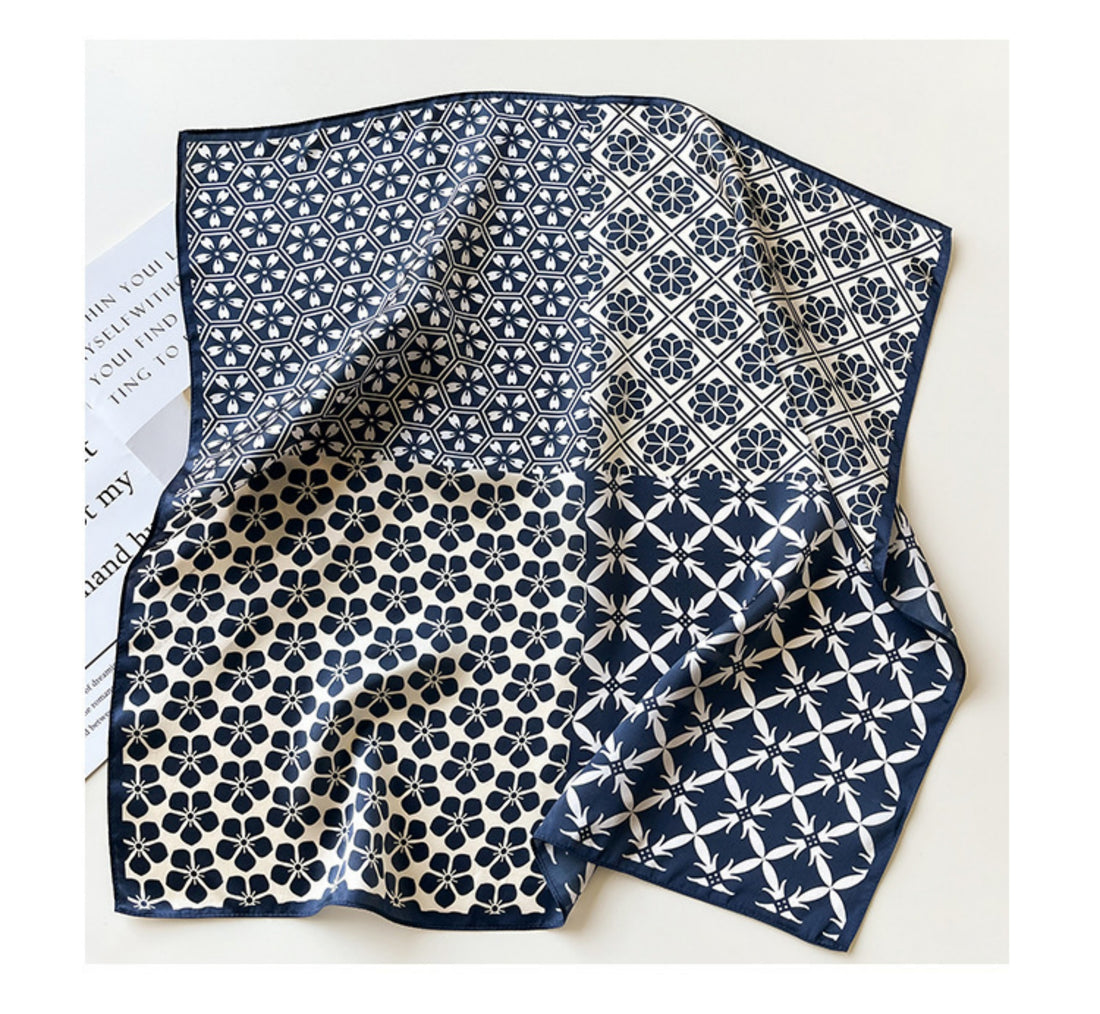 Navy Checkerboard Silk Scarf – 100% Mulberry Silk Twill 65CM | Elegant Square Scarf | Gift for Mom