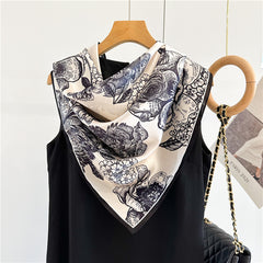 Camellia Noir – 100% Silk Crepe de Chine Scarf (90×90 cm)