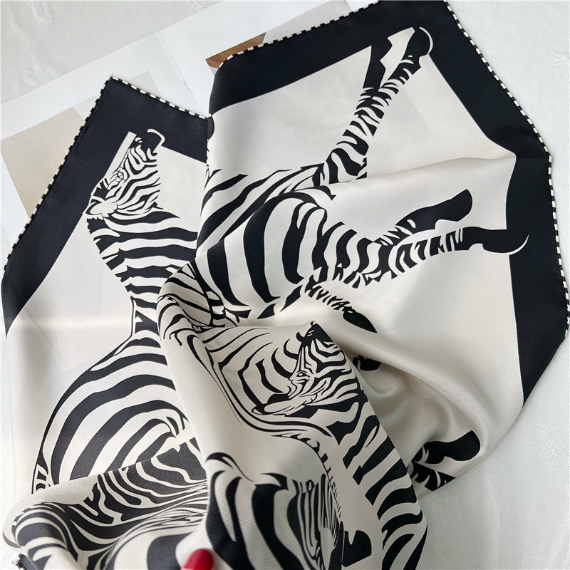 100% Pure Mulberry Silk Twill Scarf – Zebra Print, 90cm, Hand-Rolled Edges