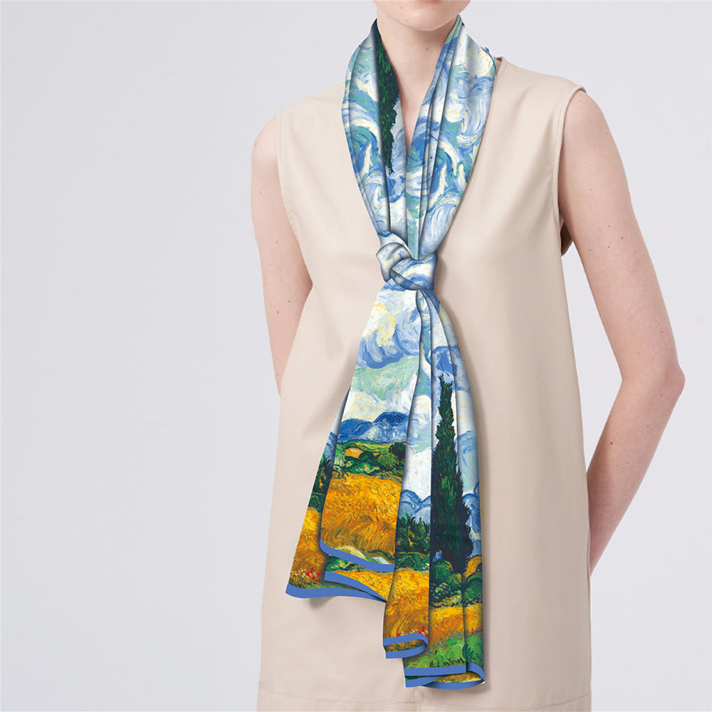 Van Gogh Inspired Long Scarf - 180cm x 70cm, Double-Layer Twill Polyester, Versatile Gift for All Seasons