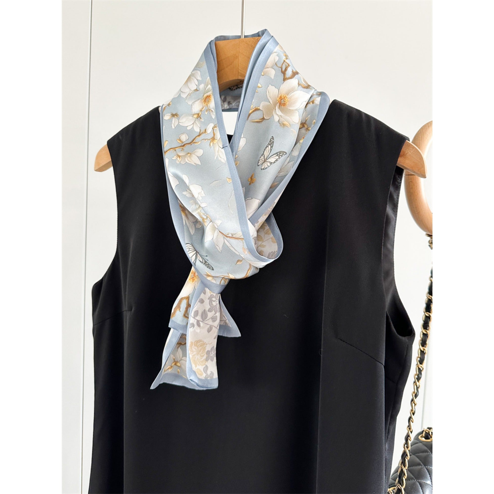 Magnolia & Butterfly Mulberry Silk Scarf | Graceful Nature-Inspired Long Ribbon