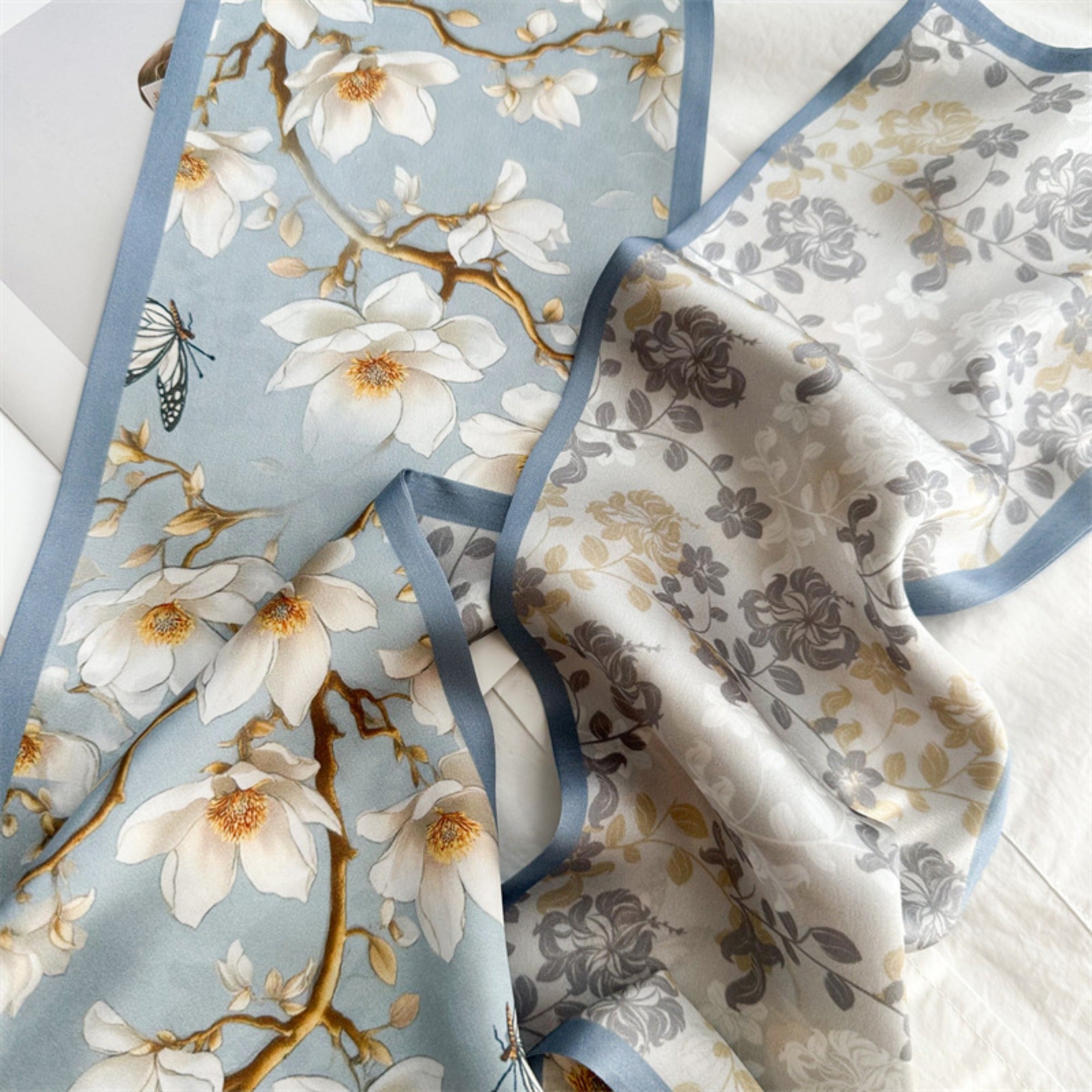 Magnolia & Butterfly Mulberry Silk Scarf | Graceful Nature-Inspired Long Ribbon