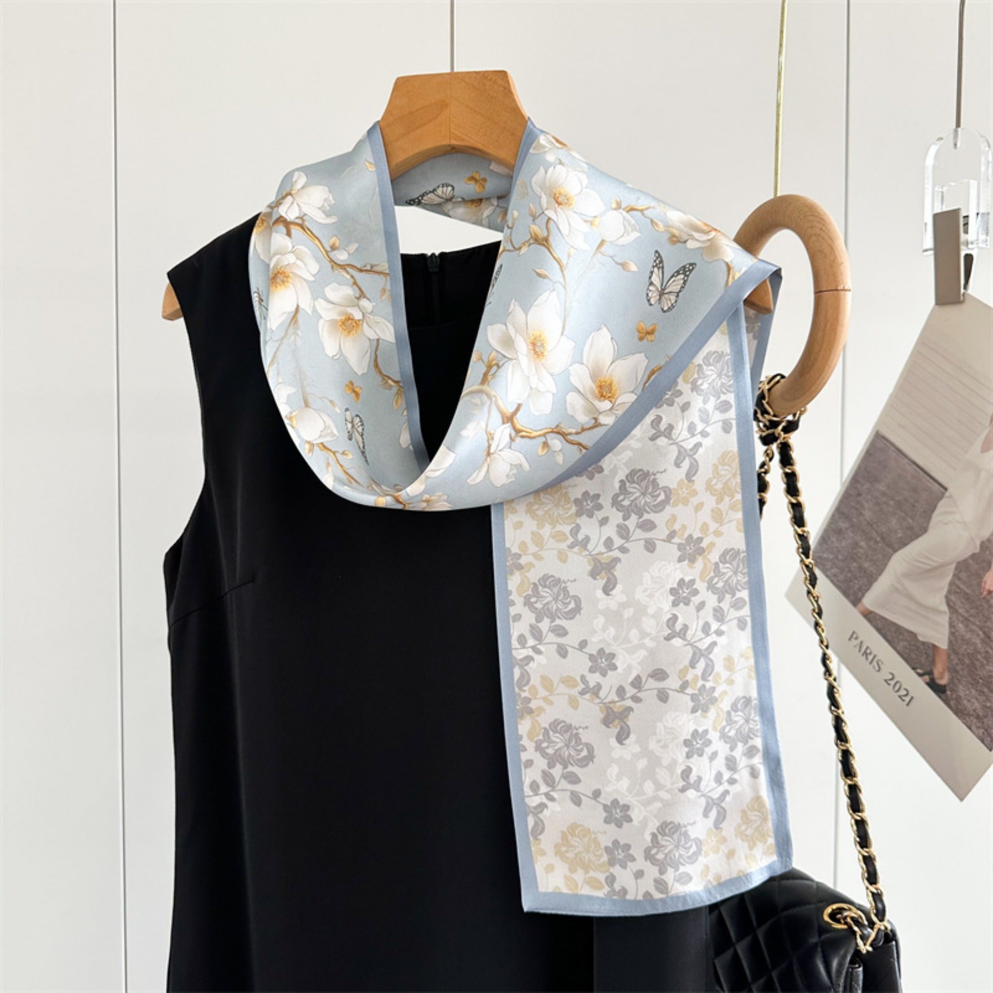 Magnolia & Butterfly Mulberry Silk Scarf | Graceful Nature-Inspired Long Ribbon