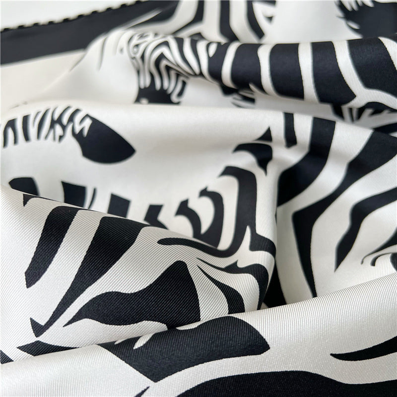 100% Pure Mulberry Silk Twill Scarf – Zebra Print, 90cm, Hand-Rolled Edges