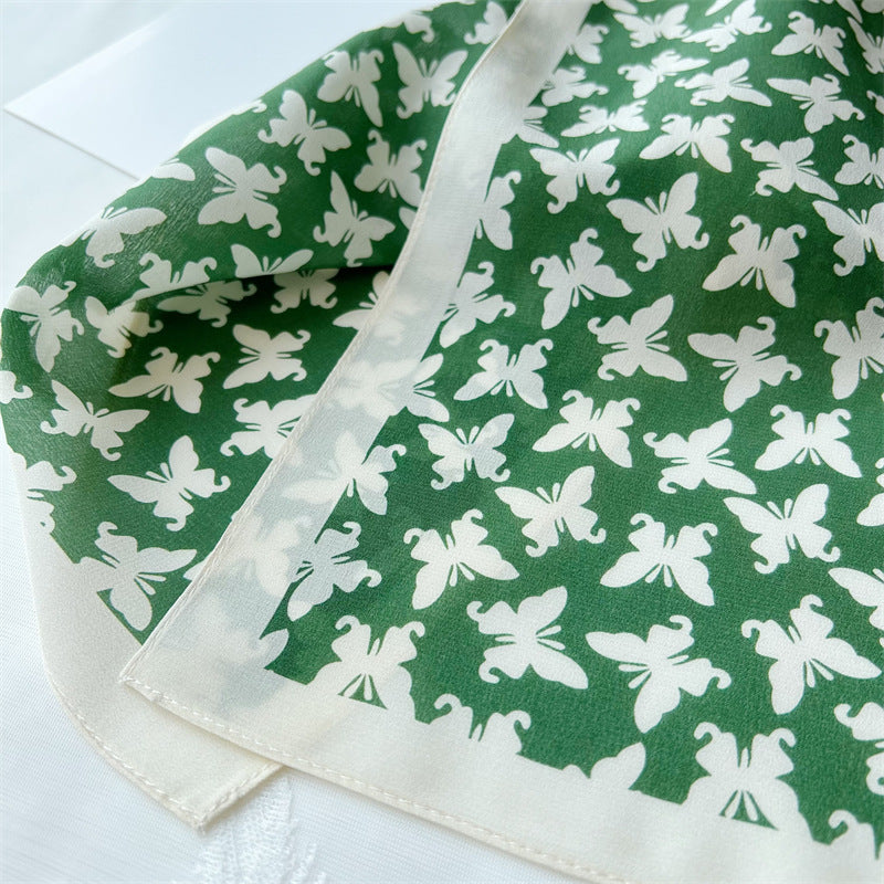 Grass Green Butterfly Print Silk Scarf, Luxurious 100% Double Crepe Silk Scarf - Perfect Gift for Her