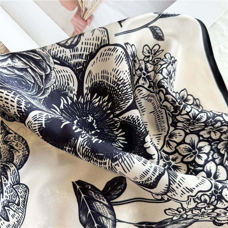 Camellia Noir – 100% Silk Crepe de Chine Scarf (90×90 cm)