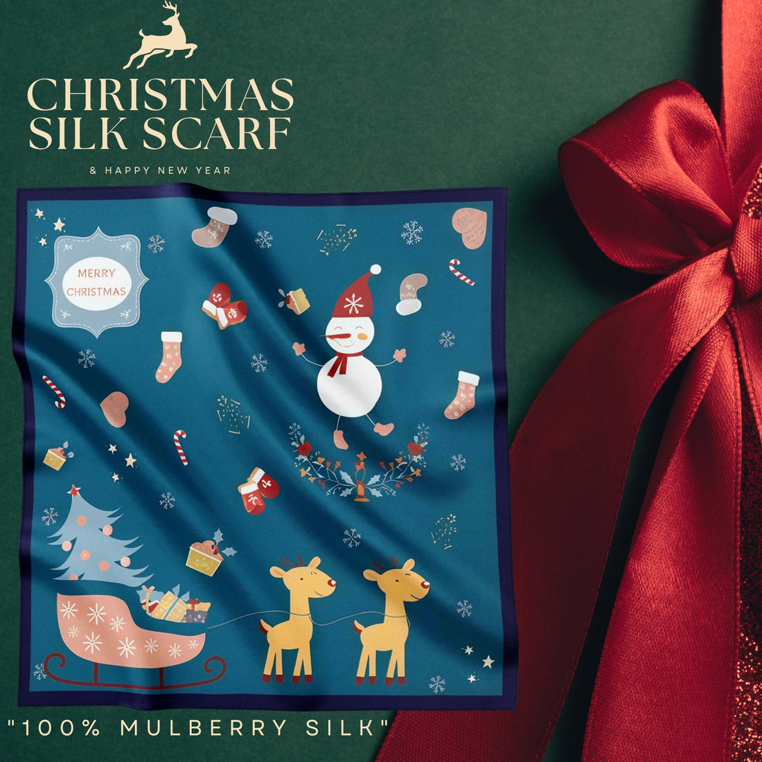 Festive 100% Silk Scarf 53cm – Playful Holiday Prints for All Ages
