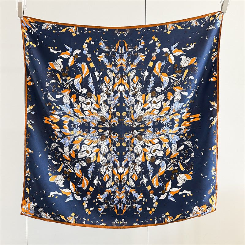 Midnight & Dawn Bloom – 100% Silk Twill Scarf (90×90cm, Hand-Rolled Edges)