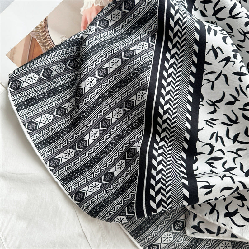 Monochrome Geometry – 100% Silk Crepe de Chine Scarf 90cm