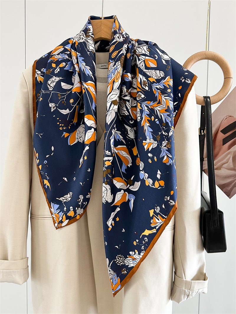 Midnight & Dawn Bloom – 100% Silk Twill Scarf (90×90cm, Hand-Rolled Edges)