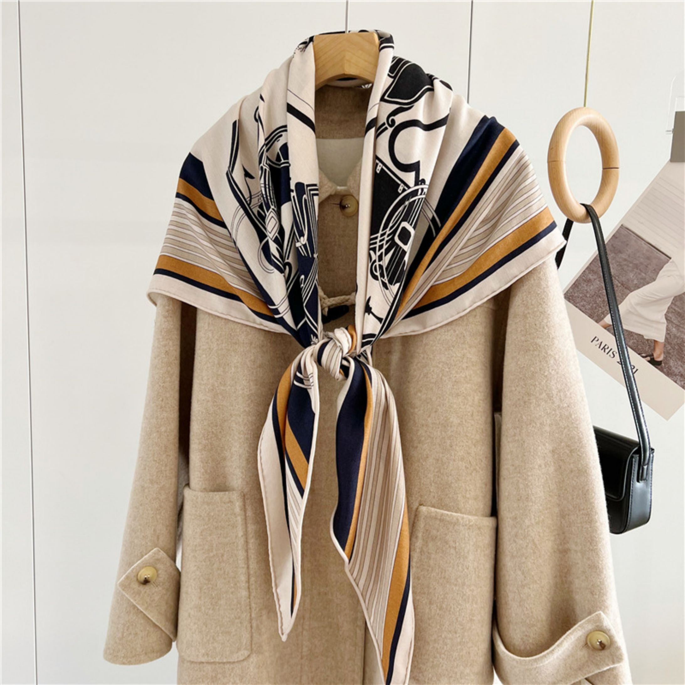 European Castle-Inspired Wool-Silk Blend Scarf: Double-Sided Carriage Silk-Wool Triangle Scarf for Autumn/Winter Warmth and Office Chic