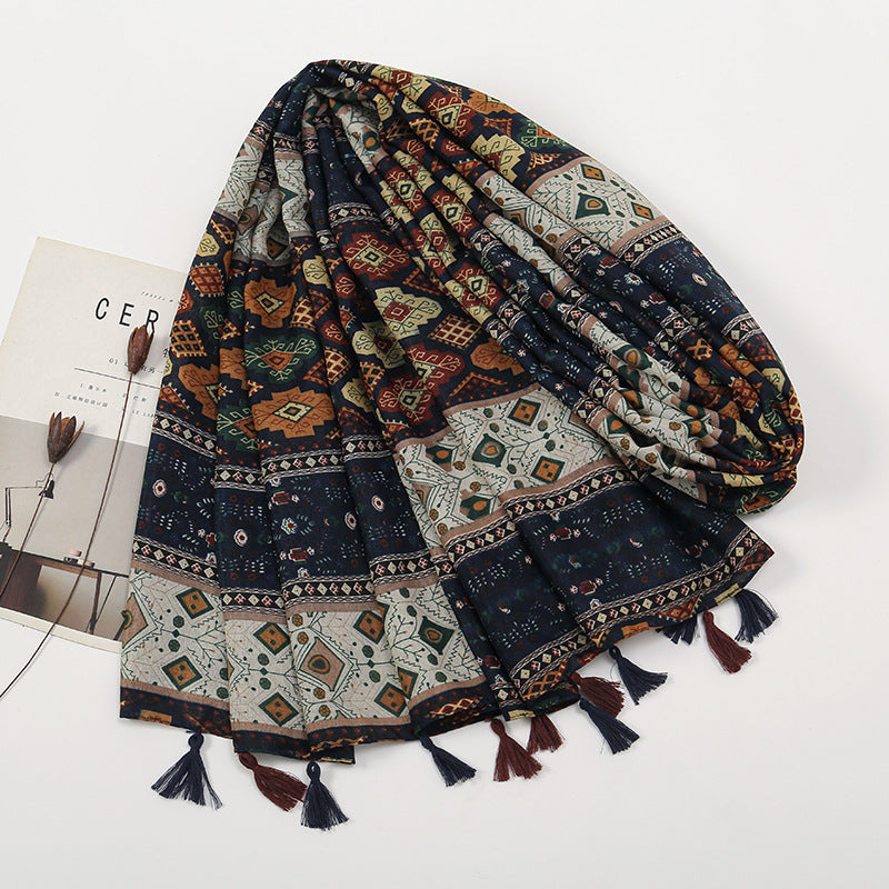 Vintage colorblocked chambray cotton and linen feel scarf celebrity style hibiscus flower fringed scarf warm shawl