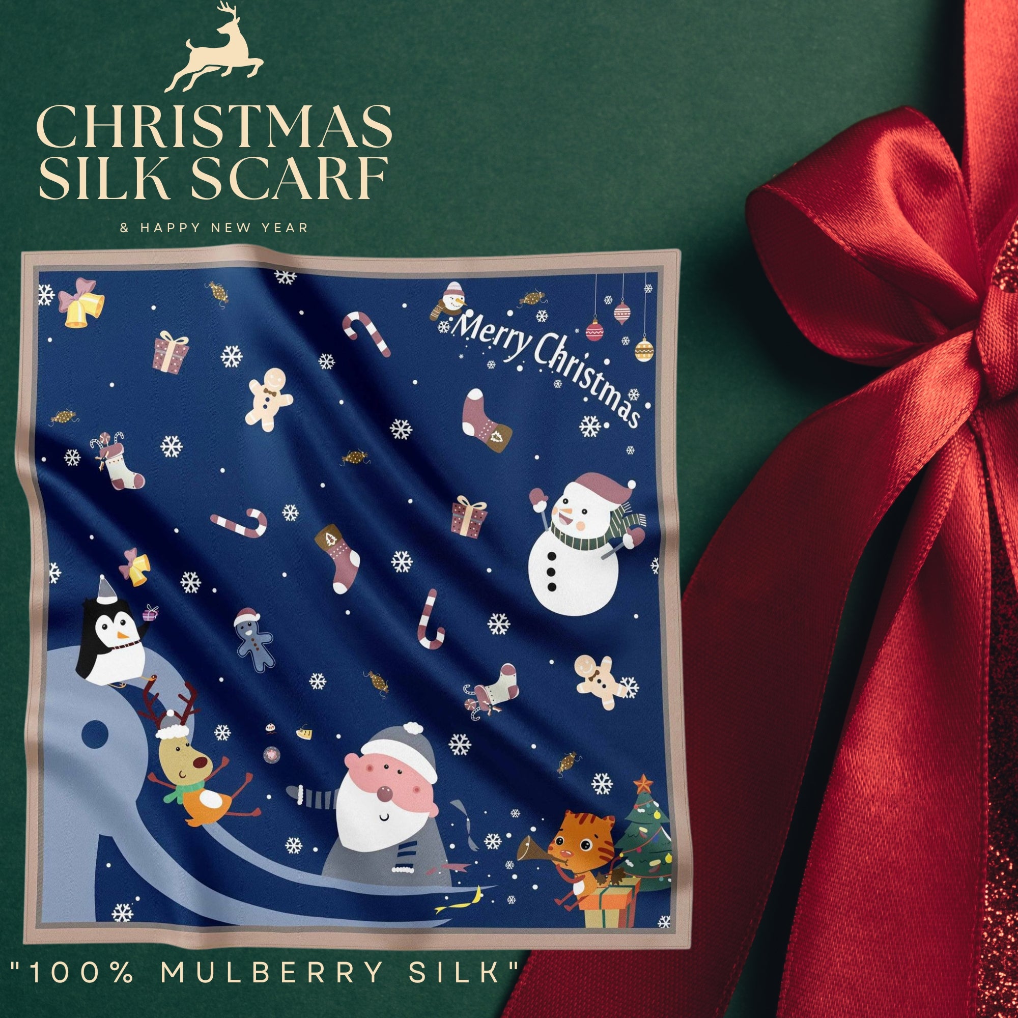 Festive 100% Silk Scarf 53cm – Playful Holiday Prints for All Ages