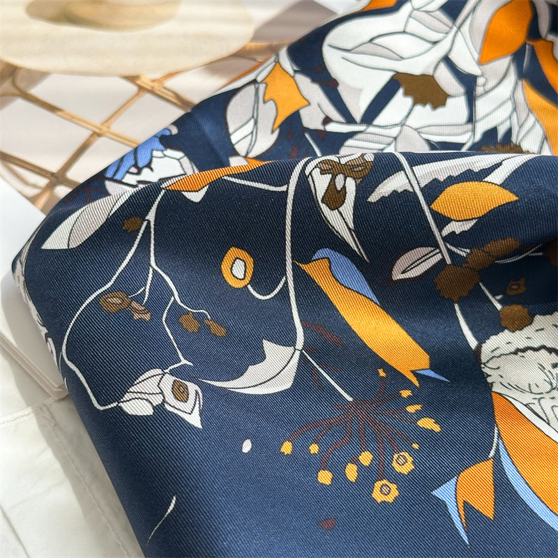 Midnight & Dawn Bloom – 100% Silk Twill Scarf (90×90cm, Hand-Rolled Edges)