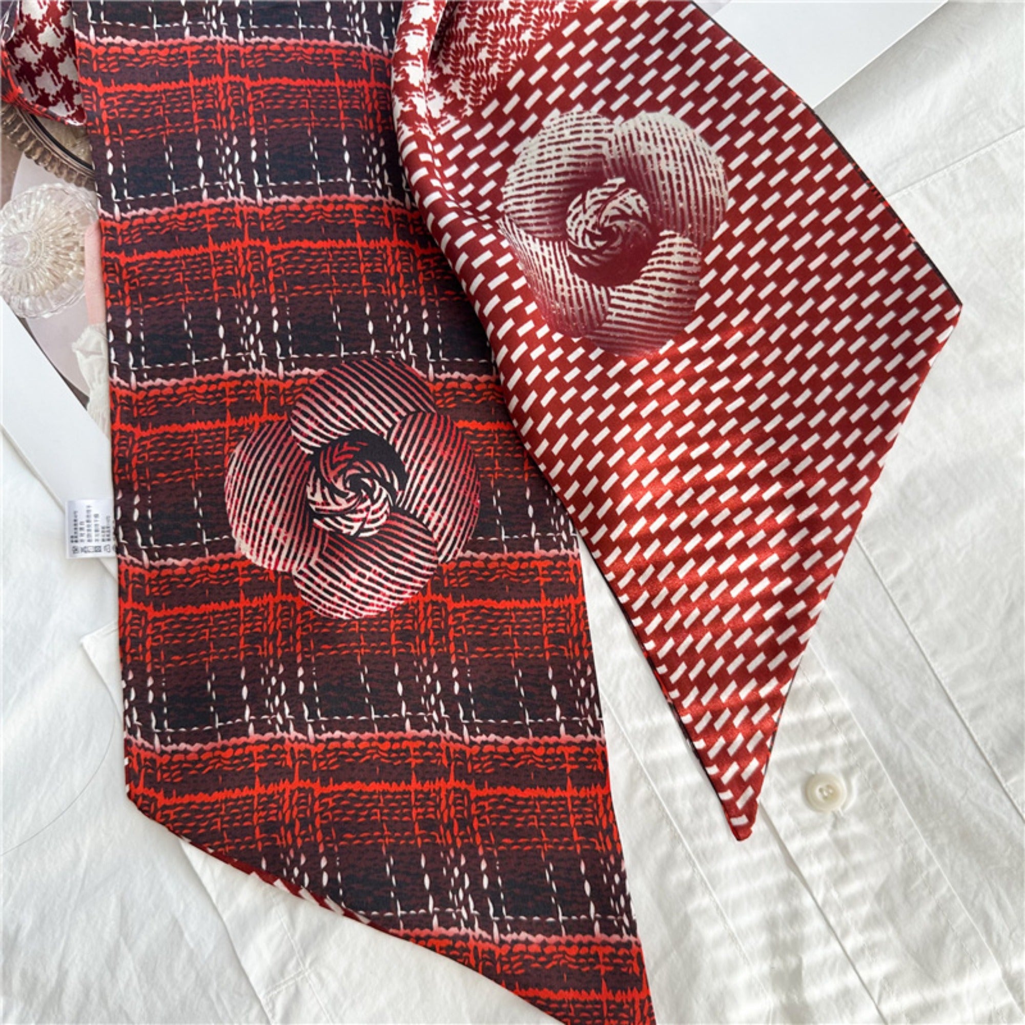 Checkered Camellia Mulberry Silk Scarf | Elegant Floral Grid Long Ribbon