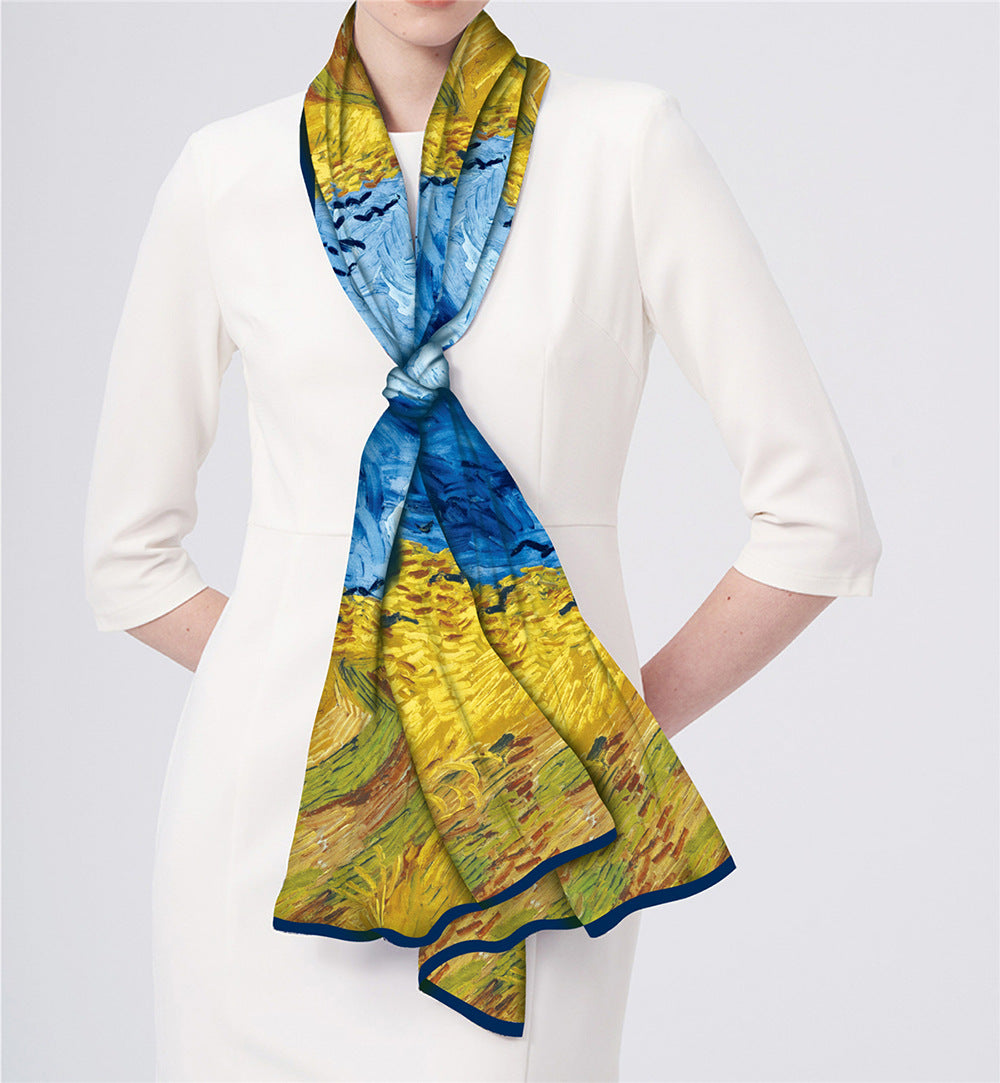 Van Gogh Inspired Long Scarf - 180cm x 70cm, Double-Layer Twill Polyester, Versatile Gift for All Seasons