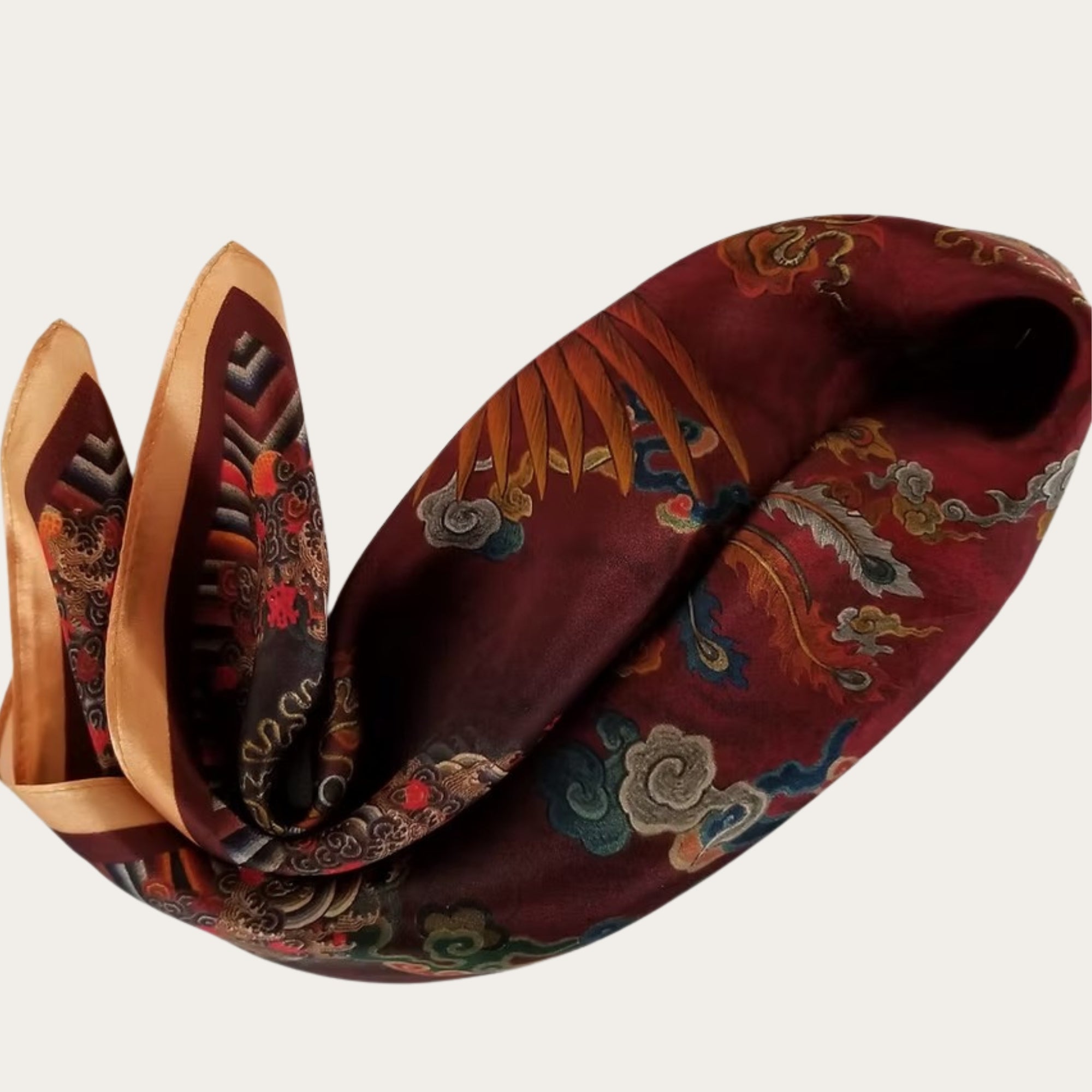 53cm Mulberry Silk Scarf – Dragon & Phoenix Oriental Motif Small Square Silk Bandana