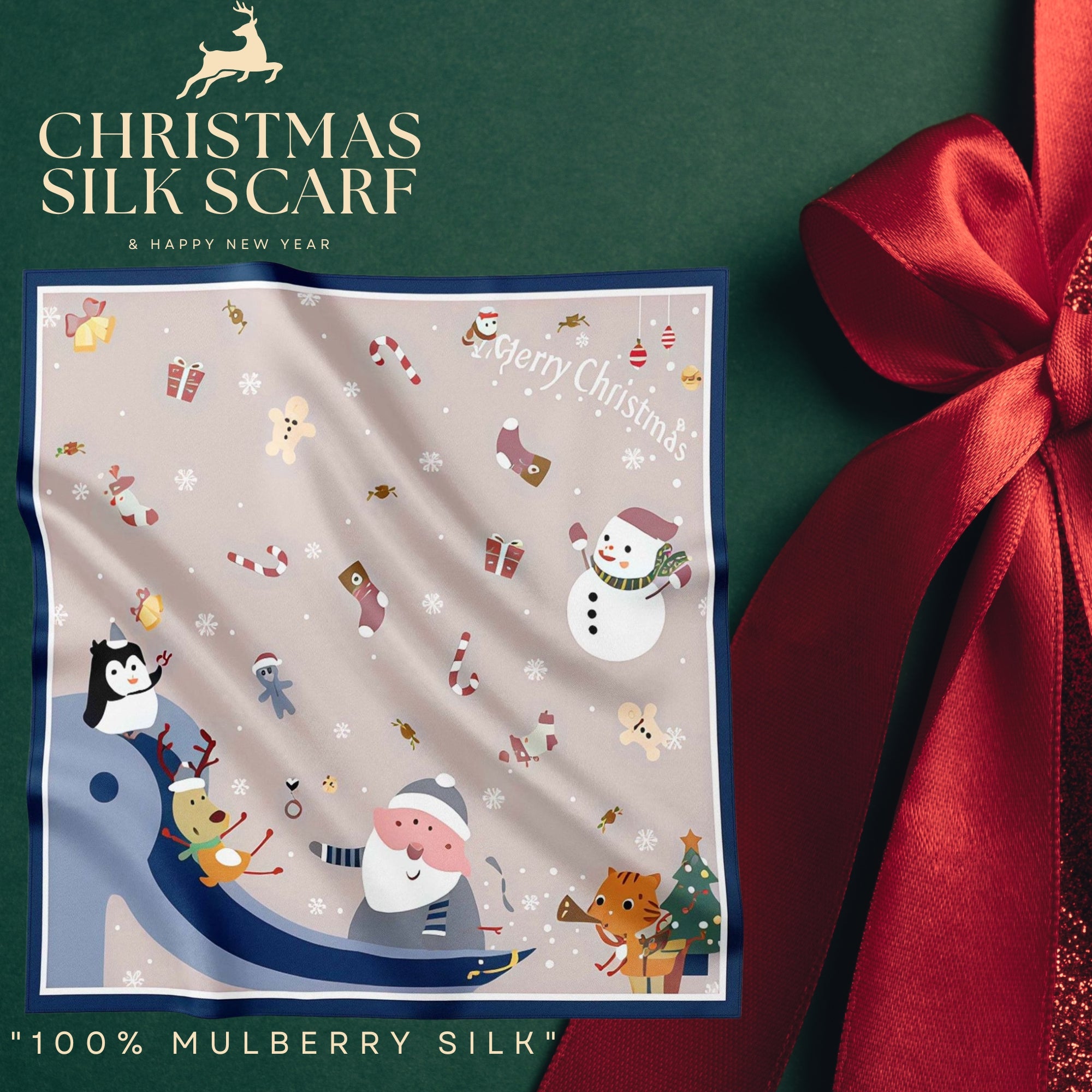 Festive 100% Silk Scarf 53cm – Playful Holiday Prints for All Ages