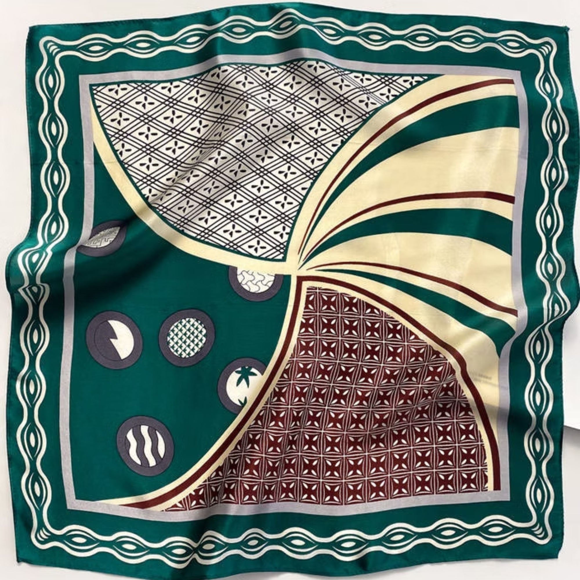 53cm Mulberry Silk Twill Scarf – Geometric Boho Patchwork Bandana, Vintage Print Small Square Silk Scarf