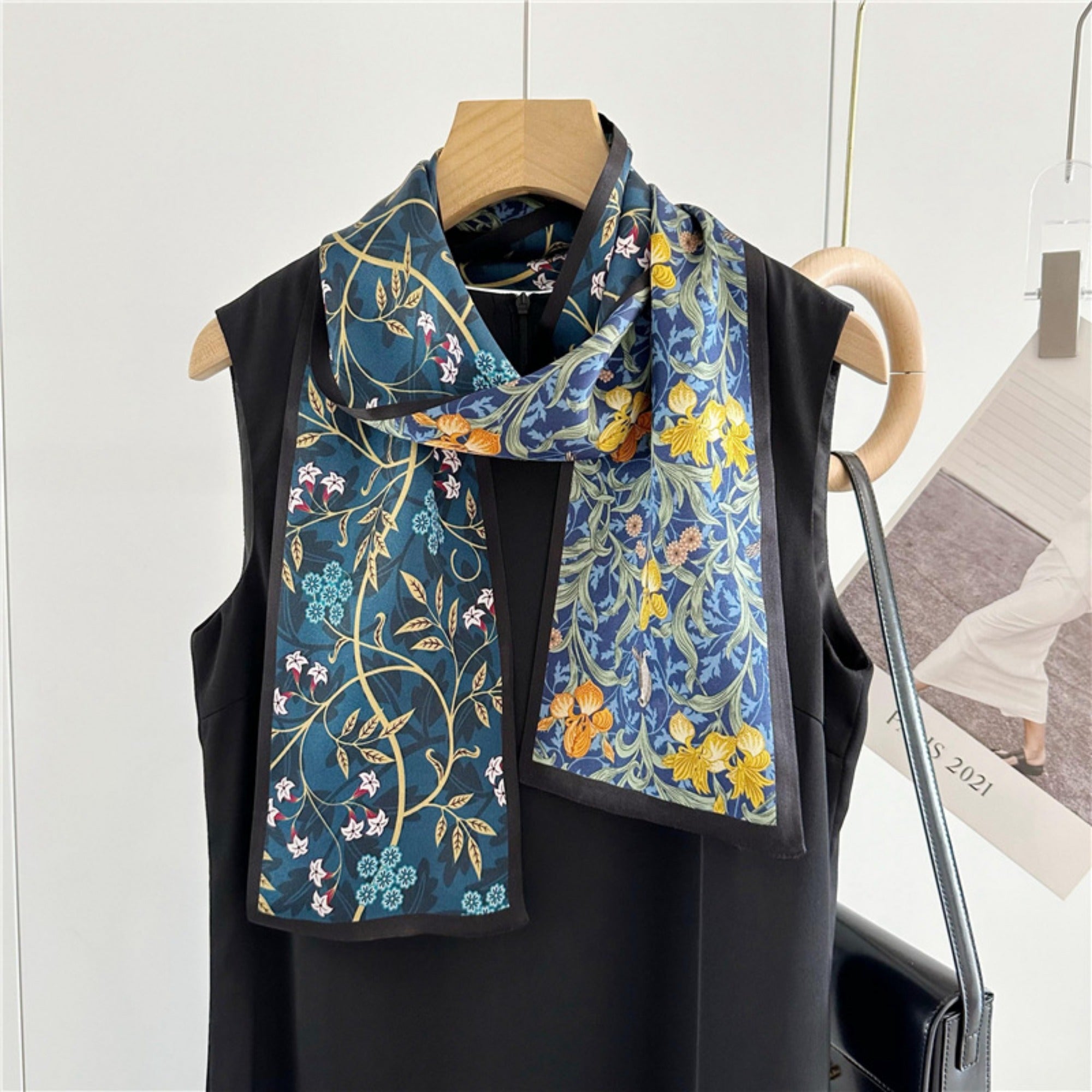 Blue Double-Sided Floral Mulberry Silk Scarf | Soft & Romantic Long Ribbon